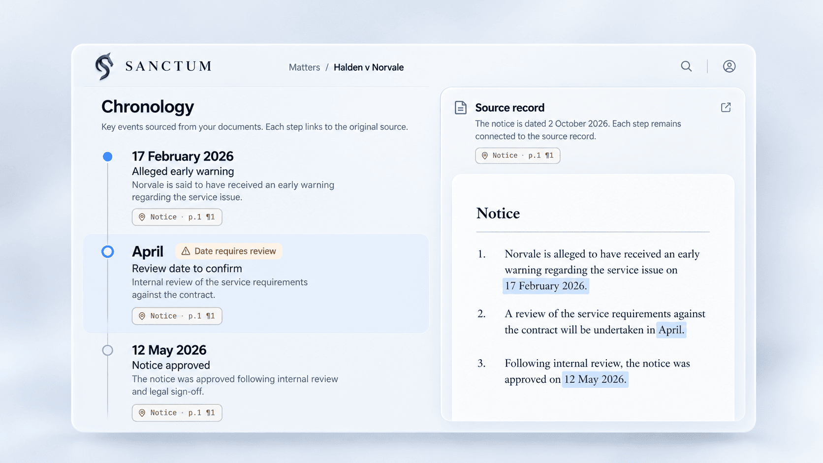 Chronology alongside the original source record, with pinpoint references, highlighted supporting language and a date requiring lawyer review.