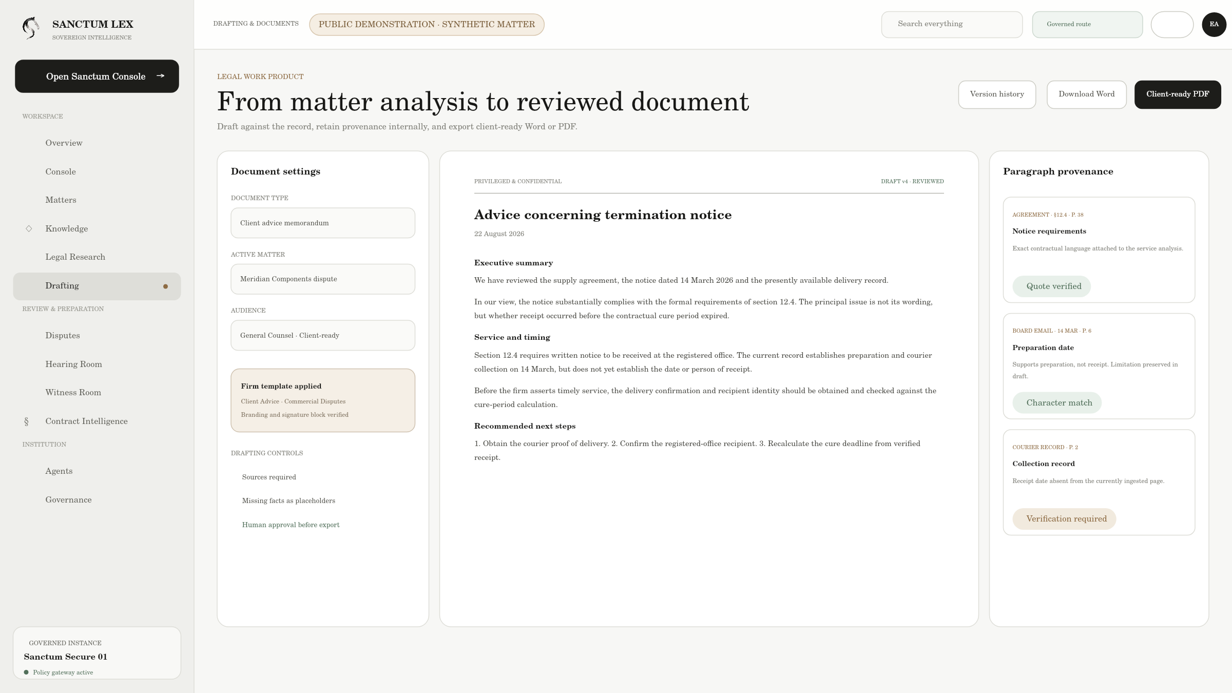Sanctum Lex drafting workspace with source provenance and review controls.